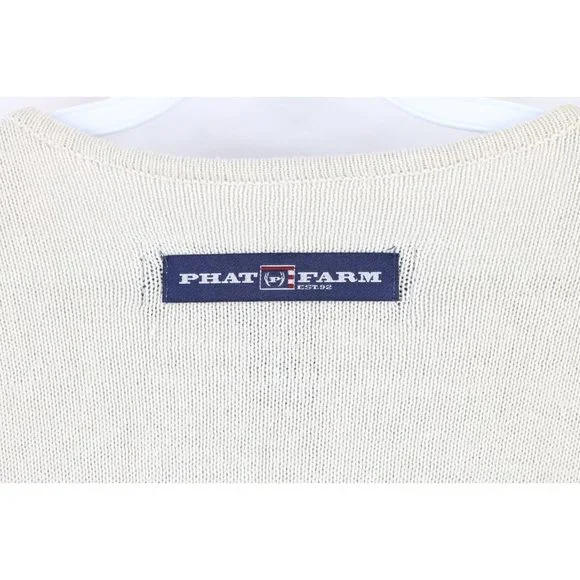 NOS Vtg Phat Farm Mens XL Striped Spell Out Script Marled Knit Sweater Cream